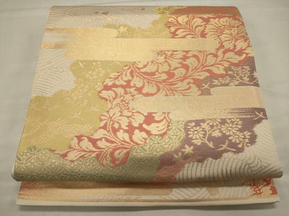 平和屋着物◎六通柄　本袋帯　雲取り草花文　金糸　正絹　逸品　CABA0099oy