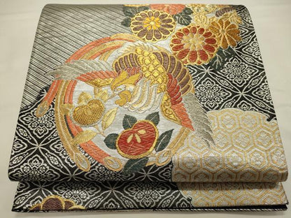 平和屋着物◎六通柄袋帯 雪輪花鳥文 黒地 金銀糸 正絹 逸品 CABA0104oy