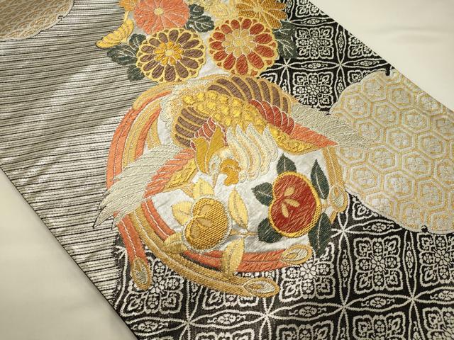 平和屋着物◎六通柄袋帯 雪輪花鳥文 黒地 金銀糸 正絹 逸品 CABA0104oy