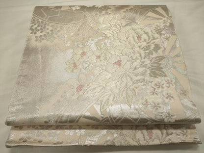 平和屋着物◎六通柄袋帯 源氏車花文 銀糸 正絹 逸品 CABA0105oy