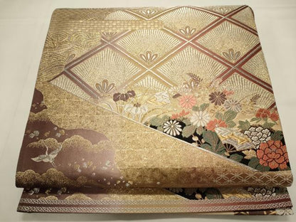 平和屋着物◎両面　六通柄袋帯　唐織　飛鶴草花文　金銀糸　正絹　逸品　CABA0117oy