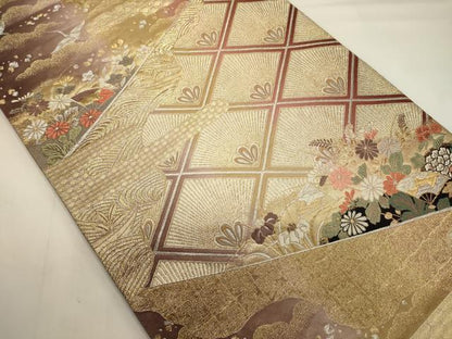 平和屋着物◎両面　六通柄袋帯　唐織　飛鶴草花文　金銀糸　正絹　逸品　CABA0117oy
