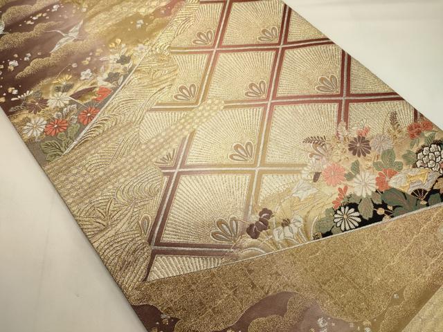 平和屋着物◎両面　六通柄袋帯　唐織　飛鶴草花文　金銀糸　正絹　逸品　CABA0117oy