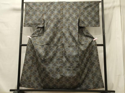 平和屋着物■上質な紬 幾何学文 黒地 正絹 逸品 CABA0329oy