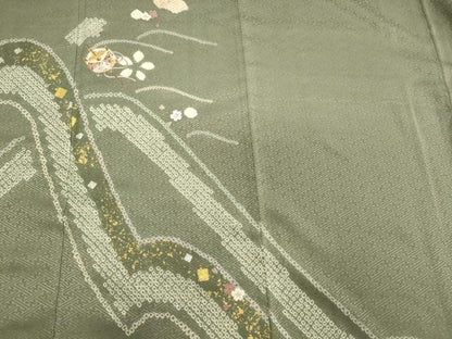 平和屋着物■訪問着　駒刺繍　絞り　糸車花唐草文　金銀彩　正絹　逸品　CABA0376oy