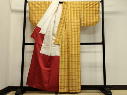 平和屋着物■上質な紬　格子柄　正絹　逸品　CABA0380oy