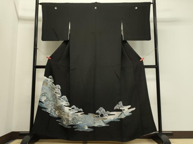 平和屋着物■豪華黒留袖　駒刺繍　立波枝松文　暈し染め　金彩　正絹　逸品　CABA0389oy