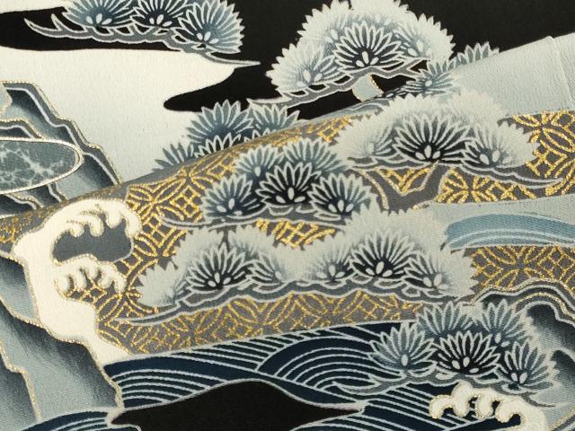 平和屋着物■豪華黒留袖　駒刺繍　立波枝松文　暈し染め　金彩　正絹　逸品　CABA0389oy
