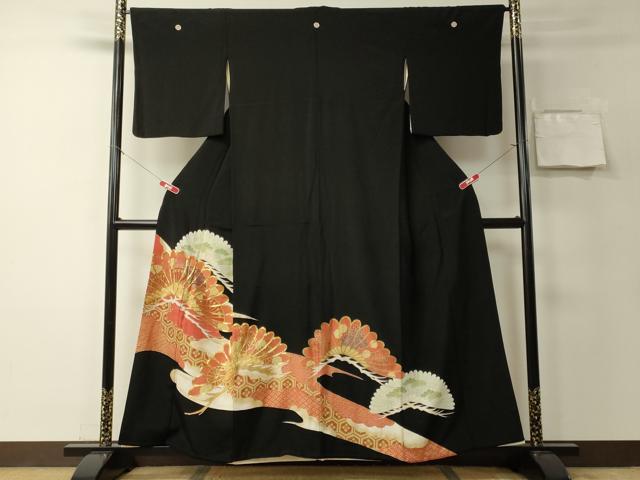 平和屋着物■黒留袖 駒刺繍 吉祥笠松文 金彩 洗える着物 CABA0398oy