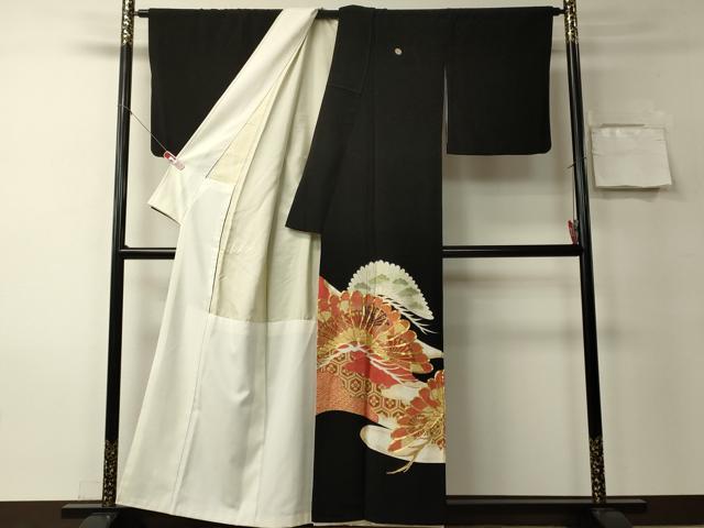 平和屋着物■黒留袖 駒刺繍 吉祥笠松文 金彩 洗える着物 CABA0398oy