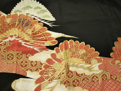 平和屋着物■黒留袖 駒刺繍 吉祥笠松文 金彩 洗える着物 CABA0398oy