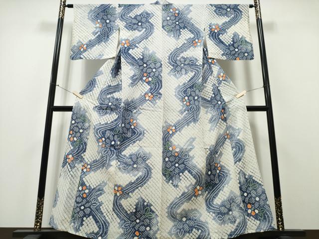 平和屋着物∴夏物　浴衣　有松鳴海絞り　流水草花文　綿　逸品　CABA0415ng