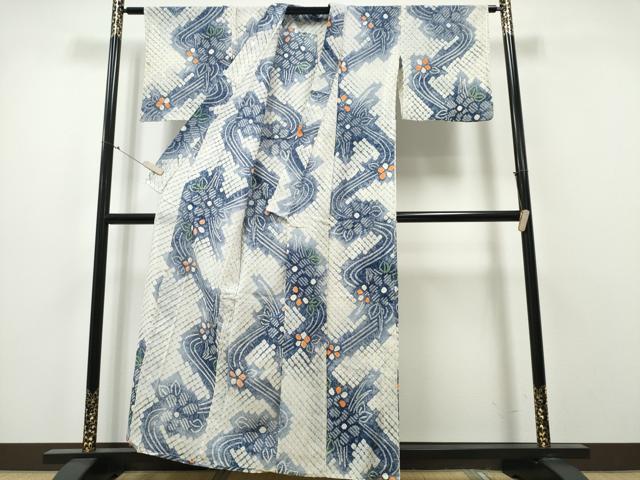 平和屋着物∴夏物　浴衣　有松鳴海絞り　流水草花文　綿　逸品　CABA0415ng