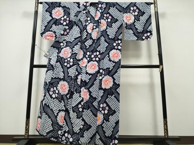 平和屋着物∴夏物 浴衣 有松鳴海絞り 牡丹花文 綿 逸品 CABA0416ng
