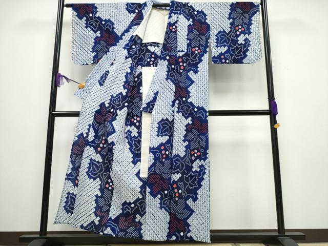 平和屋着物∴夏物 浴衣 有松鳴海絞り 葡萄蔦の葉文 綿 逸品 CABA0443ng
