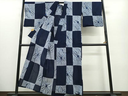 平和屋着物∴夏物 浴衣 有松鳴海絞り 市松麻の葉文様 綿 逸品 CABA0473ng