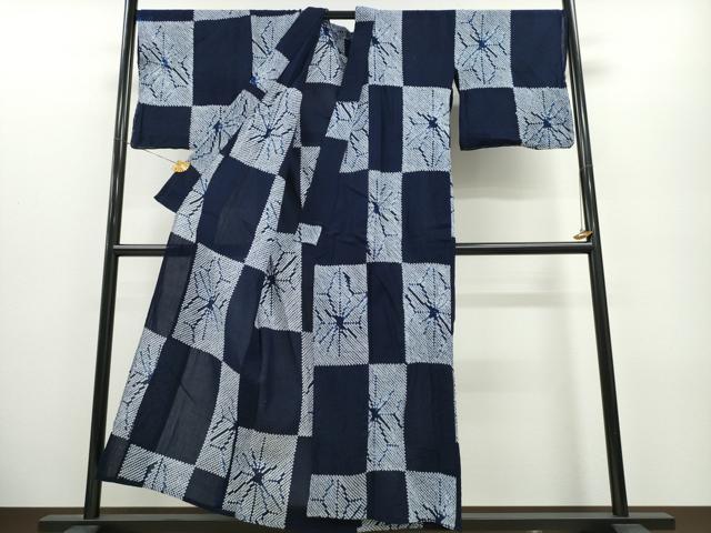 平和屋着物∴夏物 浴衣 有松鳴海絞り 市松麻の葉文様 綿 逸品 CABA0473ng