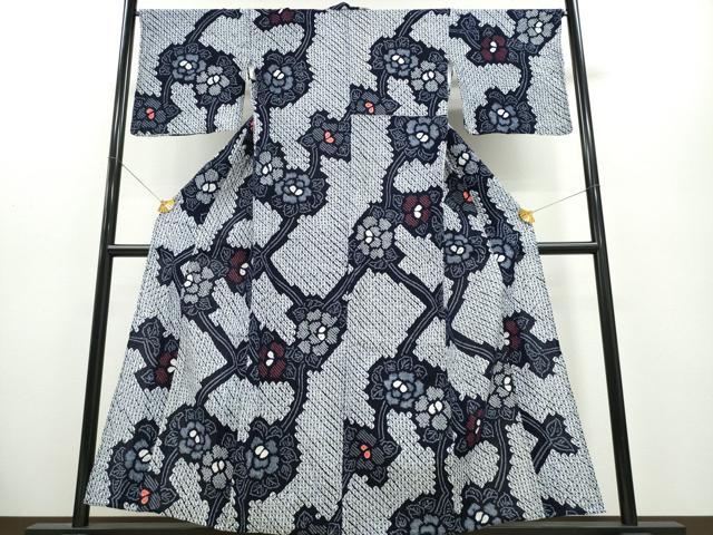平和屋着物∴夏物 浴衣 有松鳴海絞り 枝牡丹花文 綿 逸品 CABA0483ng