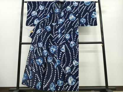 平和屋着物∴夏物 浴衣 有松鳴海絞り 団扇 よろけ縞 綿 逸品 未使用 CABA0487ng