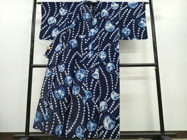 平和屋着物∴夏物 浴衣 有松鳴海絞り 団扇 よろけ縞 綿 逸品 未使用 CABA0487ng
