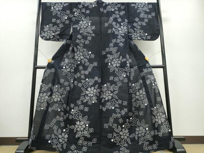 平和屋着物∴夏物 浴衣 有松鳴海絞り 舞花文 黒地 綿 逸品 CABA0490ng