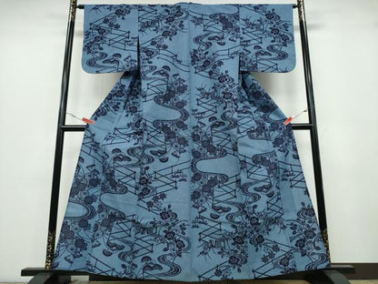 平和屋着物∴夏物　浴衣　竹垣流水花文　綿　逸品　CABA0493ng