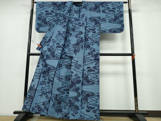 平和屋着物∴夏物　浴衣　竹垣流水花文　綿　逸品　CABA0493ng