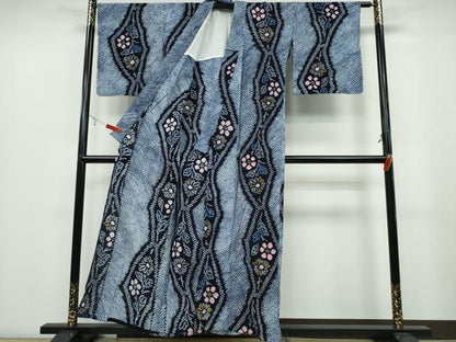 平和屋着物∴夏物 浴衣 有松鳴海絞り よろけ縞枝菊文 綿 逸品 CABA0511ng