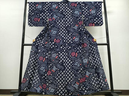 平和屋着物∴夏物 浴衣 有松鳴海絞り 結び紐団扇花文 綿 逸品 CABA0611ng