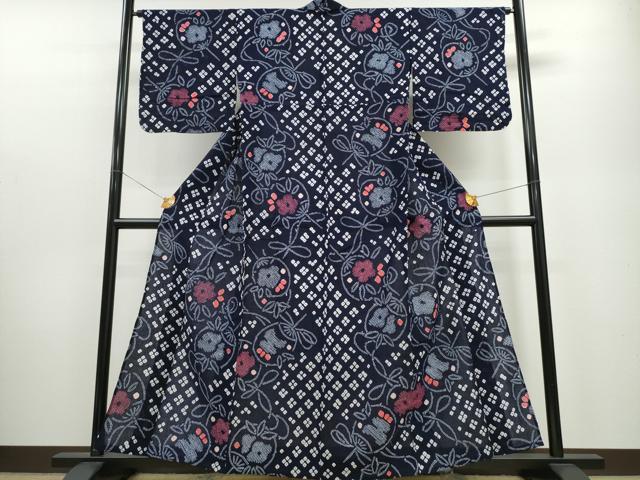 平和屋着物∴夏物 浴衣 有松鳴海絞り 結び紐団扇花文 綿 逸品 CABA0611ng