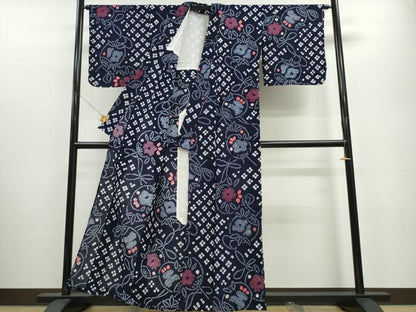 平和屋着物∴夏物 浴衣 有松鳴海絞り 結び紐団扇花文 綿 逸品 CABA0611ng