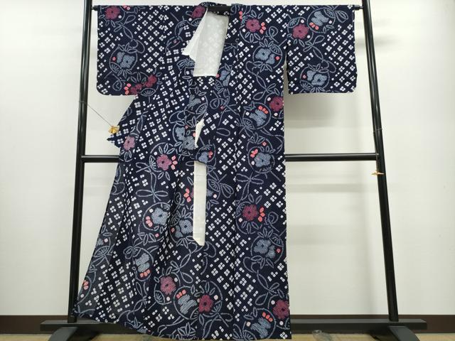 平和屋着物∴夏物 浴衣 有松鳴海絞り 結び紐団扇花文 綿 逸品 CABA0611ng