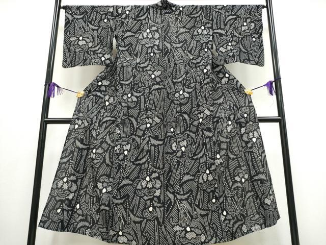 平和屋着物∴夏物 浴衣 有松鳴海絞り 草花文 黒地 綿 逸品 CABA0635ng