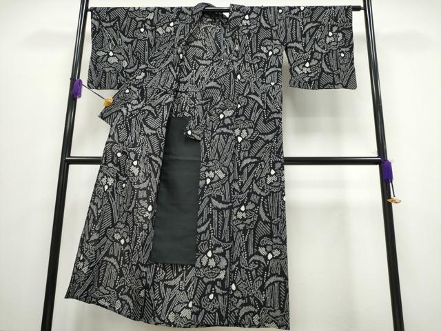 平和屋着物∴夏物 浴衣 有松鳴海絞り 草花文 黒地 綿 逸品 CABA0635ng