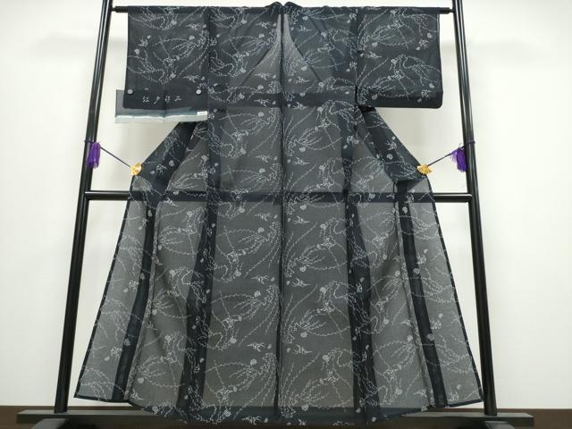 平和屋着物∴夏物 浴衣 綿紅梅 枝垂れ柳 燕 つばめ 黒地 反端付き 綿 逸品 CABA0640ng