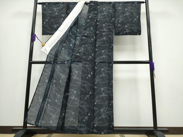 平和屋着物∴夏物 浴衣 綿紅梅 枝垂れ柳 燕 つばめ 黒地 反端付き 綿 逸品 CABA0640ng