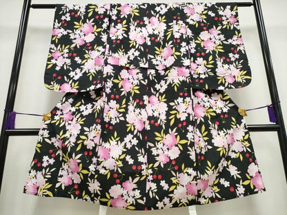 平和屋着物∴夏物 浴衣 子供 女の子 さくらんぼ 舞花文 黒地 綿 逸品 CABA0642ng