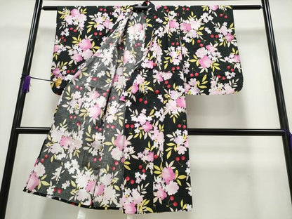 平和屋着物∴夏物 浴衣 子供 女の子 さくらんぼ 舞花文 黒地 綿 逸品 CABA0642ng