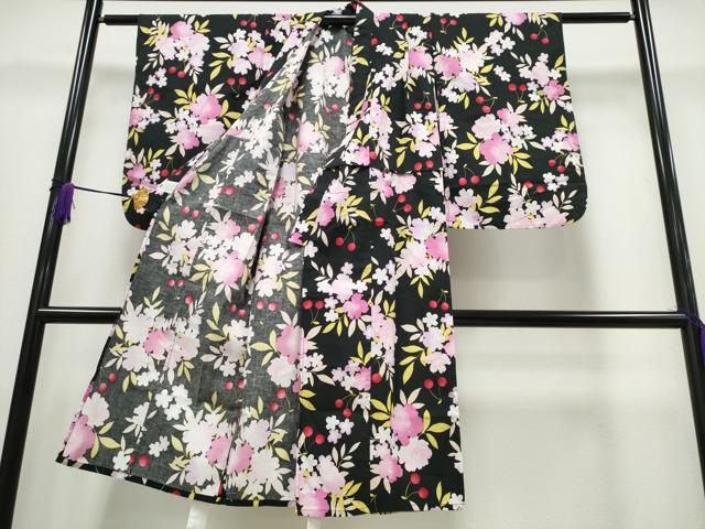 平和屋着物∴夏物 浴衣 子供 女の子 さくらんぼ 舞花文 黒地 綿 逸品 CABA0642ng