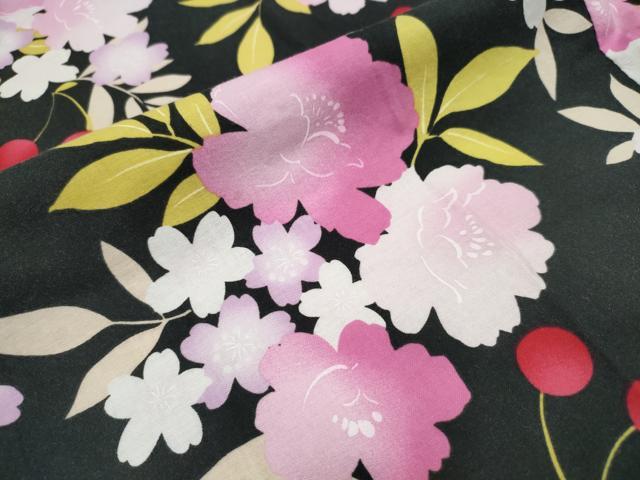 平和屋着物∴夏物 浴衣 子供 女の子 さくらんぼ 舞花文 黒地 綿 逸品 CABA0642ng