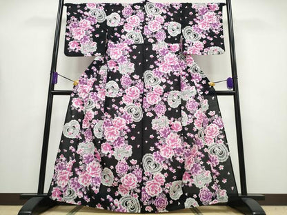 平和屋着物∴夏物 浴衣 レースハート 牡丹花文 黒地 綿 逸品 CABA0644ng