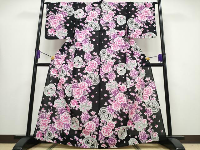 平和屋着物∴夏物 浴衣 レースハート 牡丹花文 黒地 綿 逸品 CABA0644ng