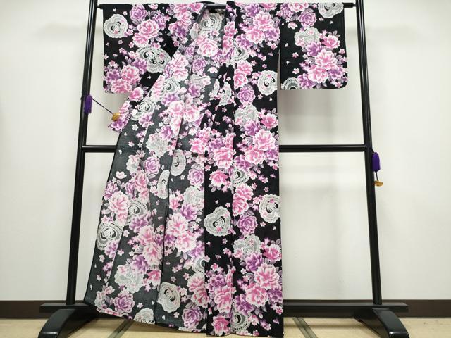平和屋着物∴夏物 浴衣 レースハート 牡丹花文 黒地 綿 逸品 CABA0644ng