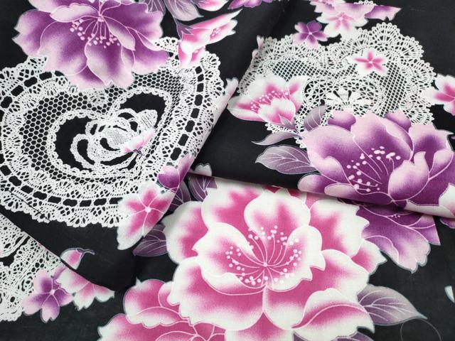 平和屋着物∴夏物 浴衣 レースハート 牡丹花文 黒地 綿 逸品 CABA0644ng