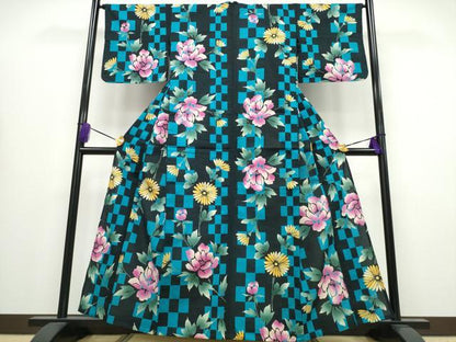 平和屋着物∴夏物 浴衣 市松牡丹菊文 綿 逸品 CABA0646ng