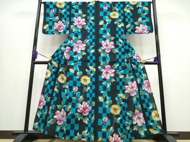 平和屋着物∴夏物 浴衣 市松牡丹菊文 綿 逸品 CABA0646ng