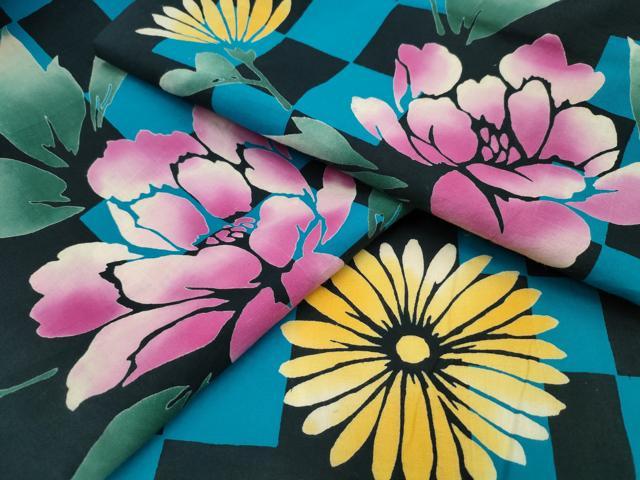 平和屋着物∴夏物 浴衣 市松牡丹菊文 綿 逸品 CABA0646ng