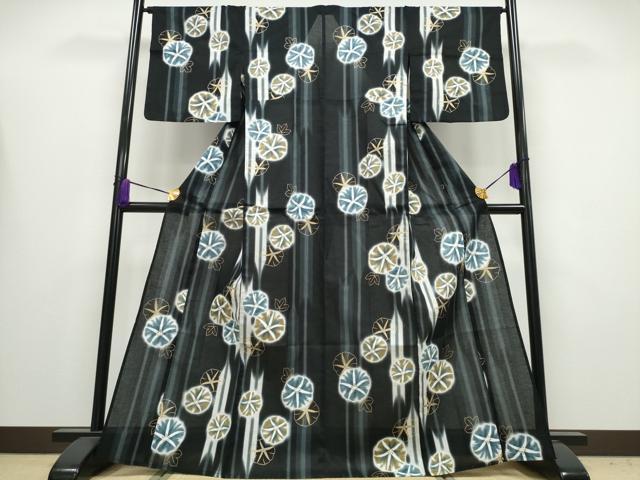 平和屋着物∴夏物 浴衣 綿紅梅 朝顔 アサガオ 黒地 金彩 綿 逸品 未使用 CABA0647ng