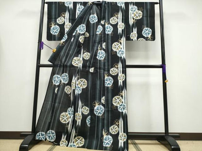 平和屋着物∴夏物 浴衣 綿紅梅 朝顔 アサガオ 黒地 金彩 綿 逸品 未使用 CABA0647ng