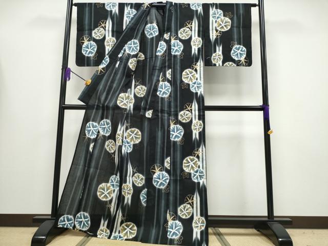 平和屋着物∴夏物 浴衣 綿紅梅 朝顔 アサガオ 黒地 金彩 綿 逸品 未使用 CABA0647ng